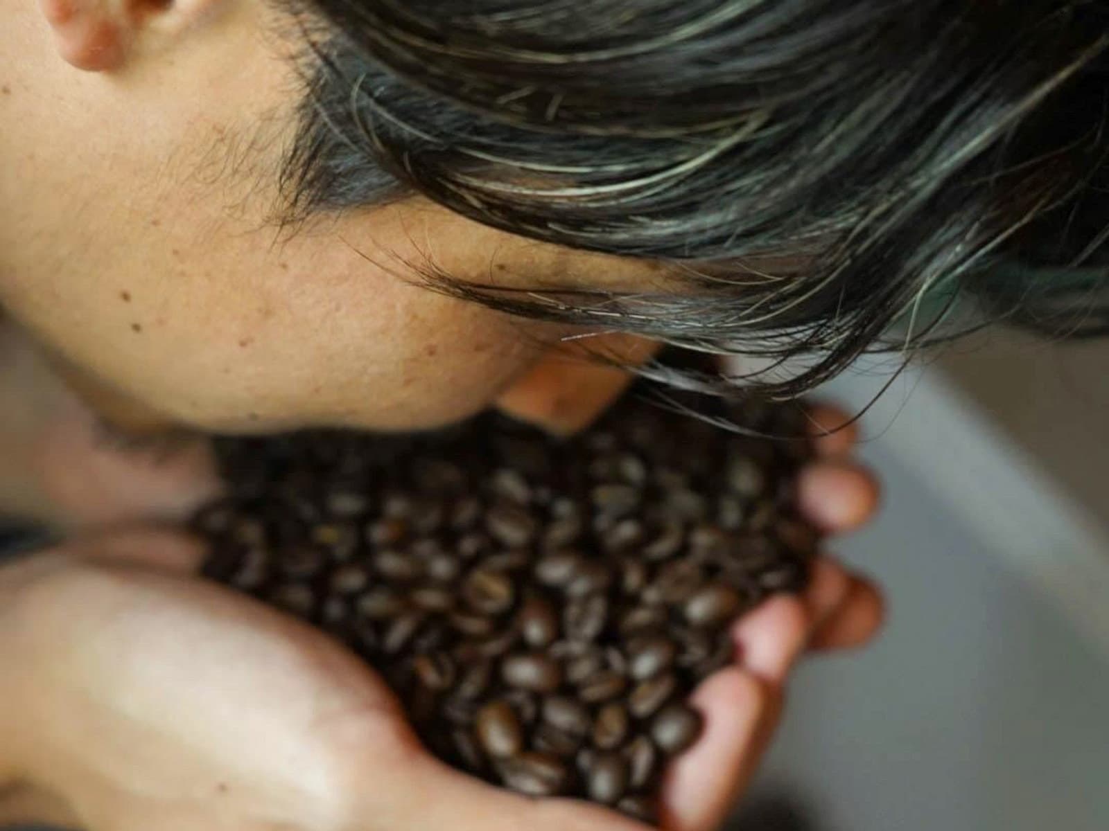 両手いっぱいのコーヒー豆の香りを確かめる焙煎士